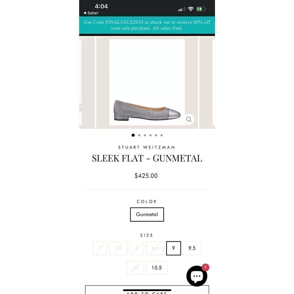 Stuart Weitzman Sleek Flat Gunmetal Silver Pewter Sparkle Glitter Flats NEW! Sz